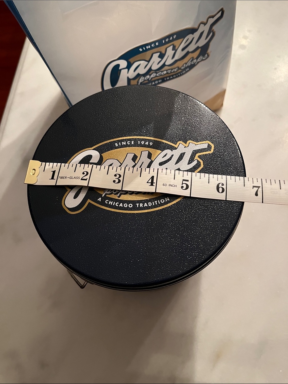 Garrett Popcorn Shops Tin and Shopping Bag - Blue & Black Stripe EMPTY - Picture 6 of 12